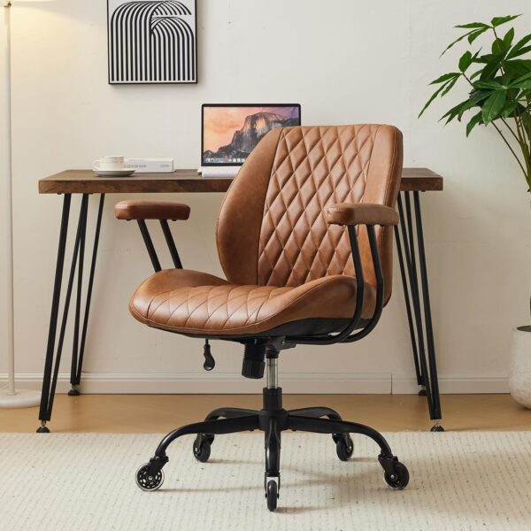 Brown Leather Ergonomic Office Chair, Adjustable Height, Lumbar Support, Swivel & Rolling Casters