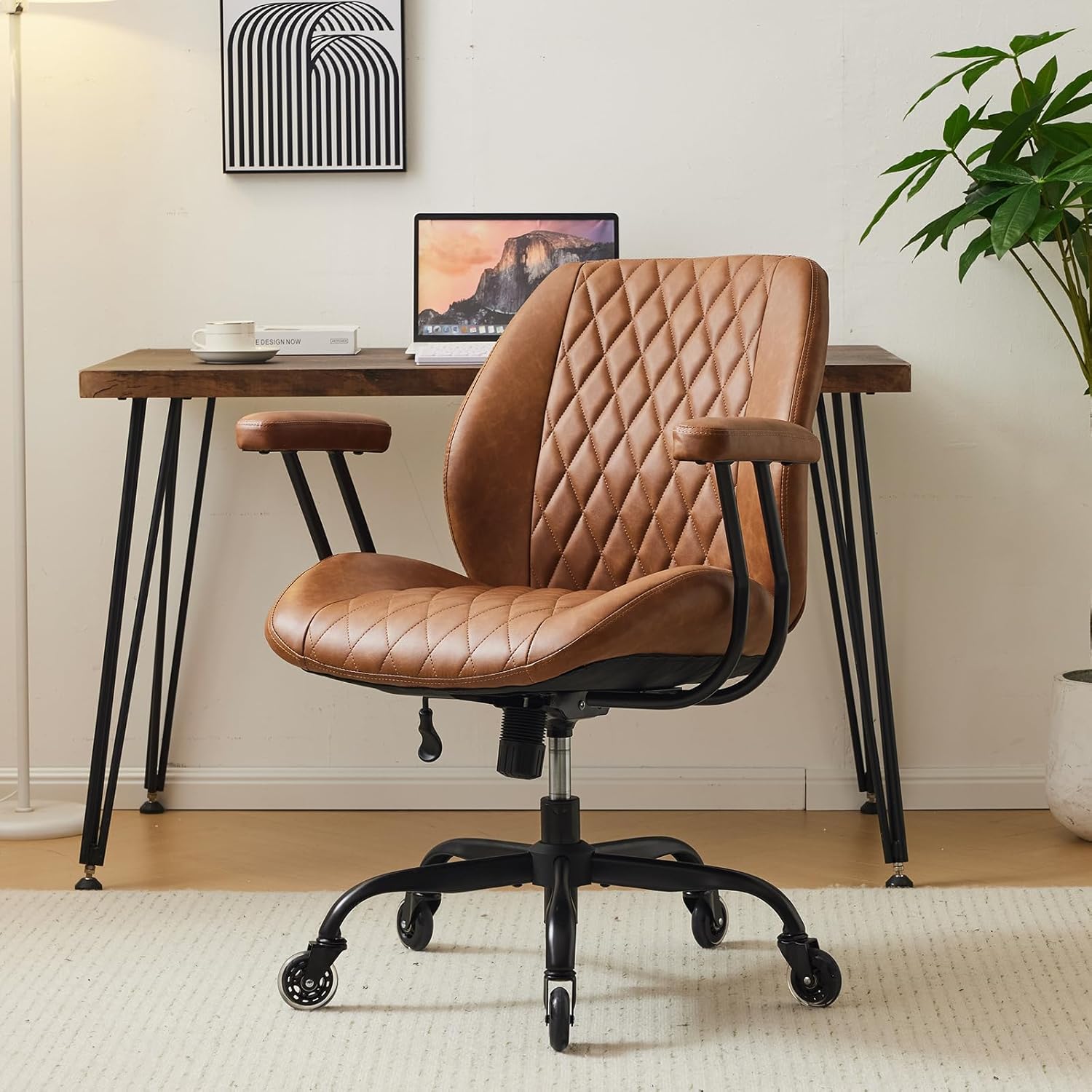 Brown Leather Ergonomic Office Chair, Adjustable Height, Lumbar Support, Swivel & Rolling Casters