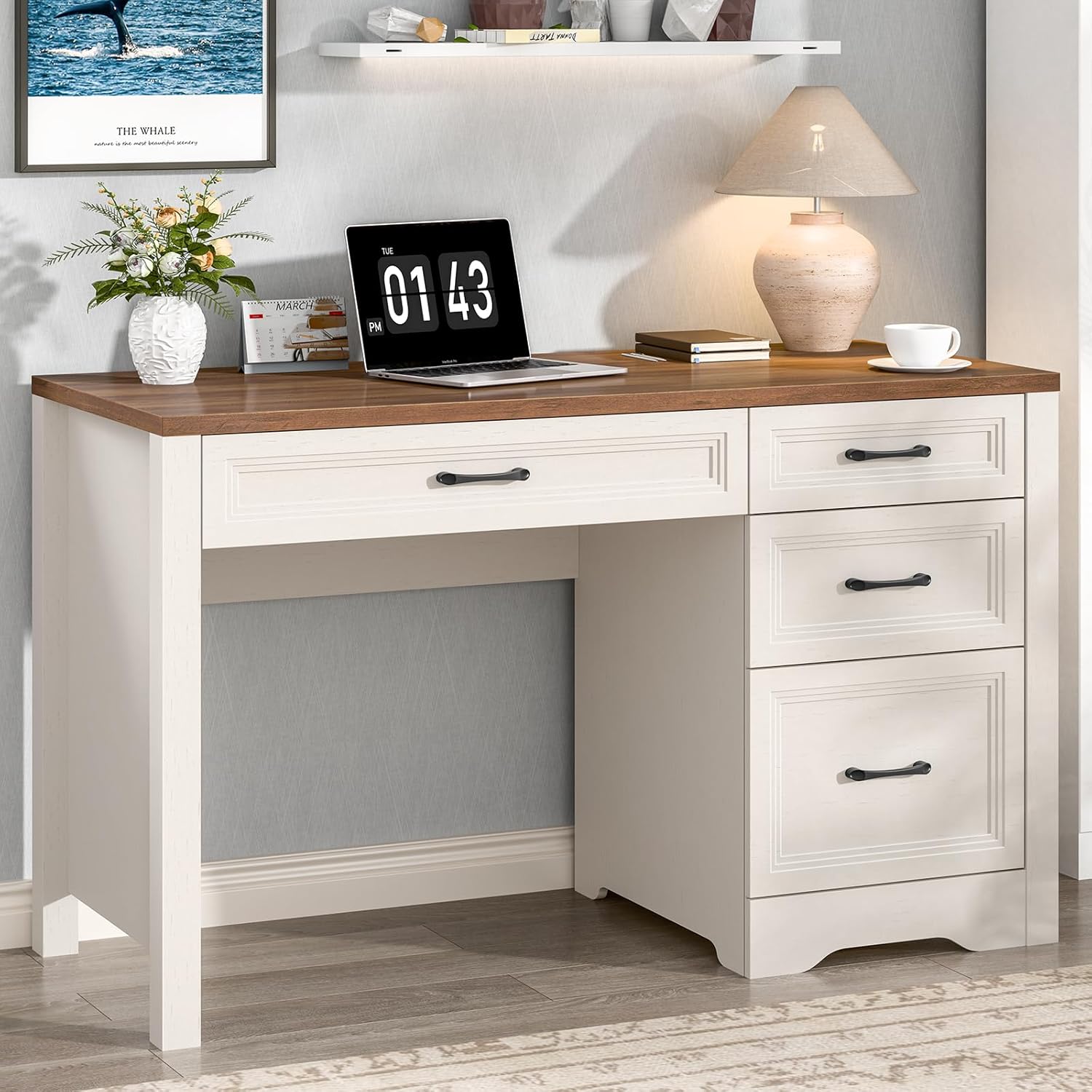 Farmhouse Executive Desk, White, Large Rustic Home Office Desk with Storage & File Drawer - Image 4
