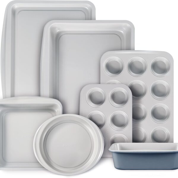 7-Piece Nonstick Stackable Bakeware Set, Includes Cookie Sheet, Muffin, Bread, Cake, Loaf & Roasting Pans, Gray & Blue