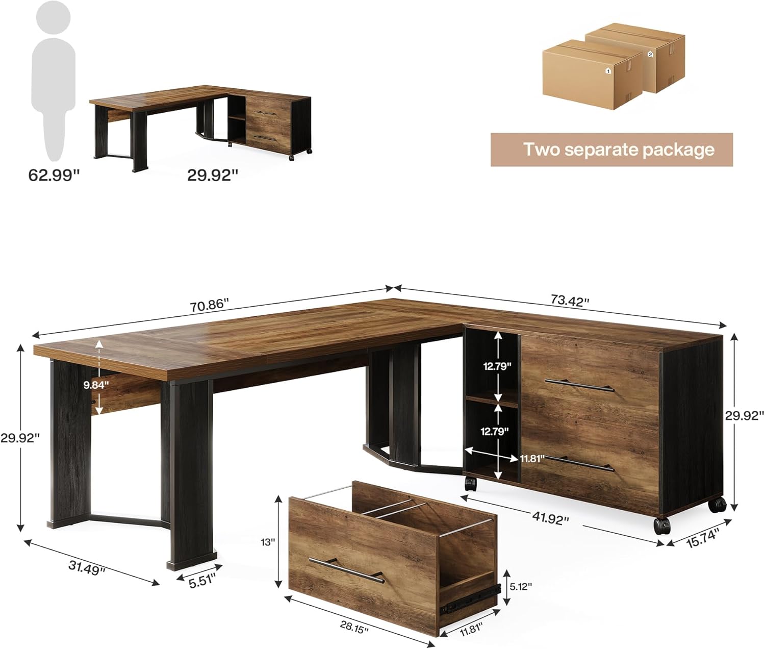 70.9″ L-Shaped Executive Desk with Mobile File Cabinet, 2 Drawers & Storage Shelves, Rustic Brown - Image 3