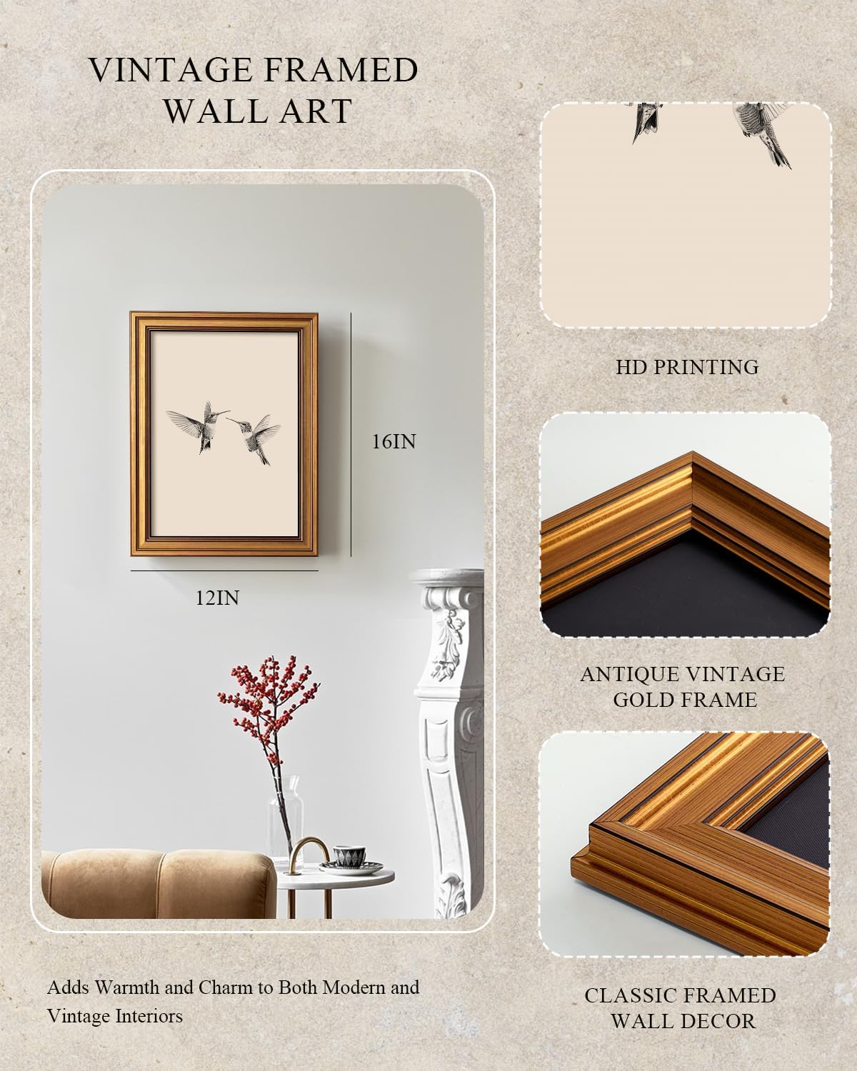 Gold Framed Vintage Bird Canvas Prints, Hummingbirds, 12×16″, Farmhouse Wall Art - Image 2