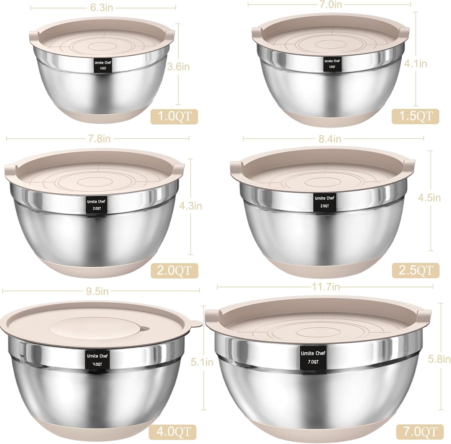 26-Piece Stainless Steel Mixing Bowl Set with Airtight Lids, Non-Slip Bottoms & Grater Attachments, Sizes 1.5–7 QT, Khaki, Kitchen Mixing & Serving Set - Image 2
