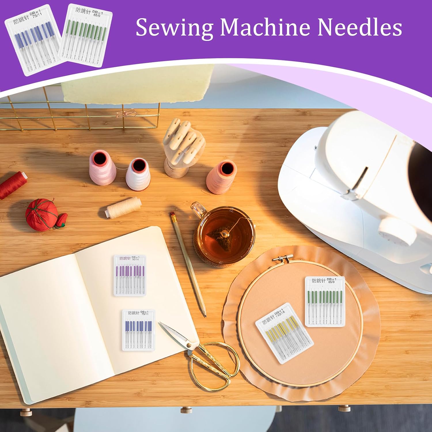 50-Pack Universal Sewing Machine Needles for Knit Fabric, Sizes 65/9–110/18, 5 Colors - Image 2