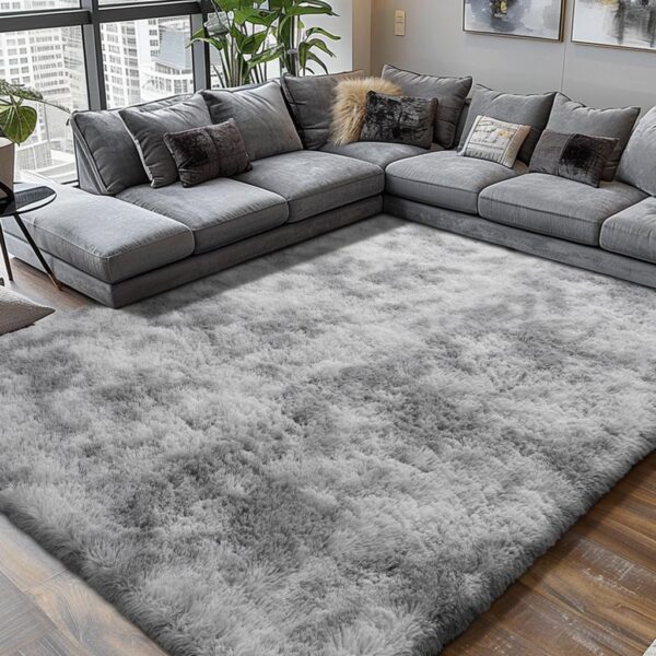 8×10′ Grey Tie-Dye Shag Area Rug, Ultra-Soft Fluffy, Bedroom & Nursery Carpet