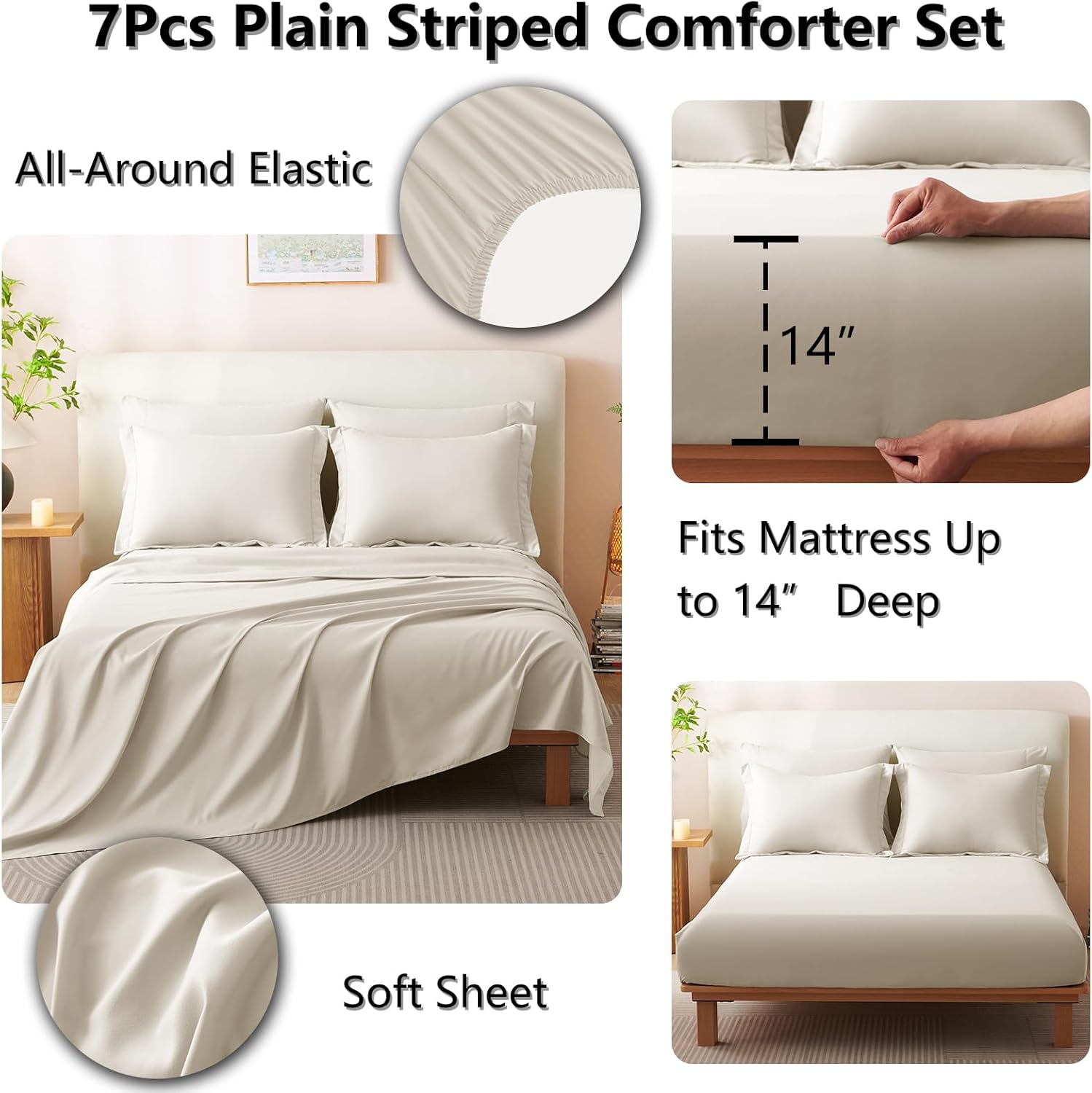 7-Piece Queen Comforter Set, Beige, All-Season Luxury Bedding with Down-Alternative Comforter, Sheets, Pillowcases & Shams - Image 2