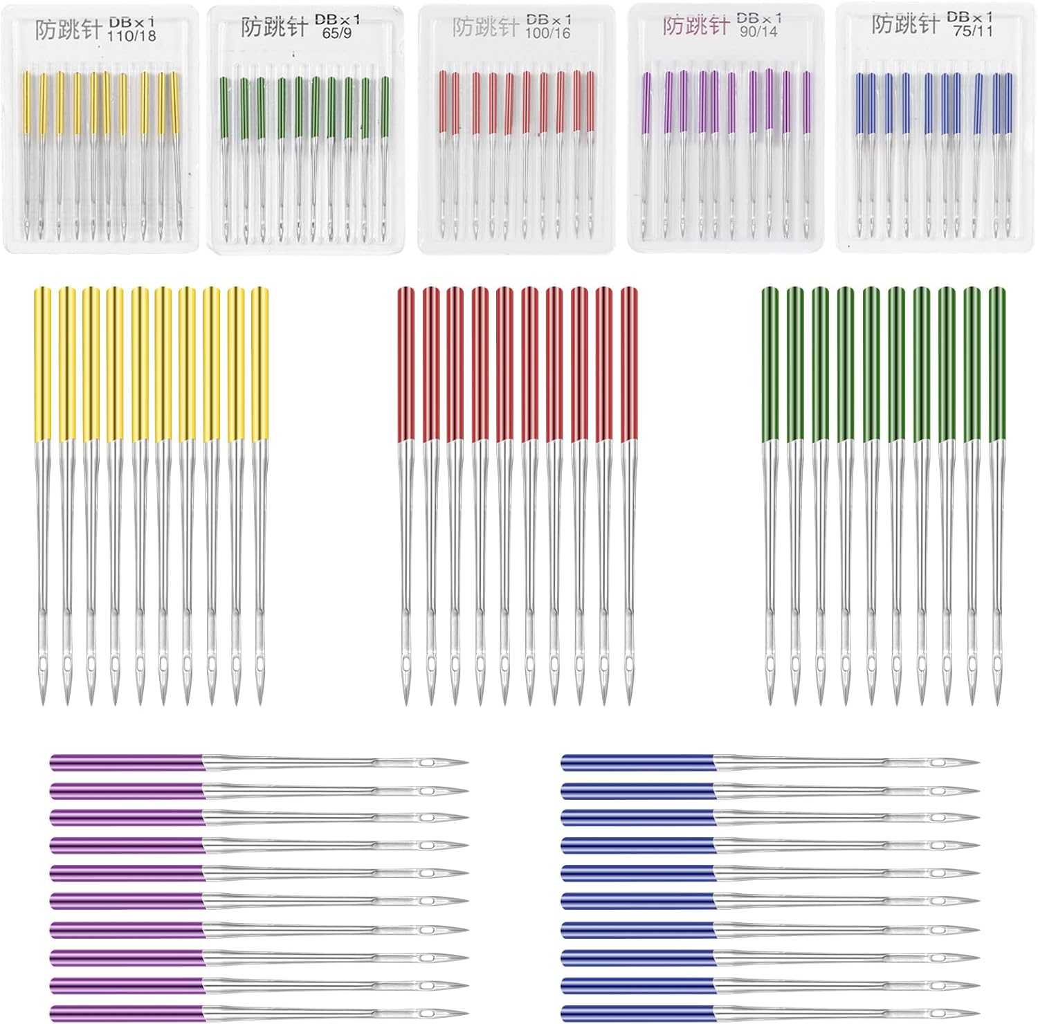50-Pack Universal Sewing Machine Needles for Knit Fabric, Sizes 65/9–110/18, 5 Colors