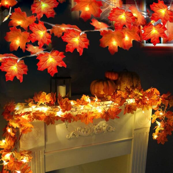 2-Pack Fall Maple Leaf Light Garland, 20 ft 40 LED Battery Operated, Indoor/Outdoor Thanksgiving Decor