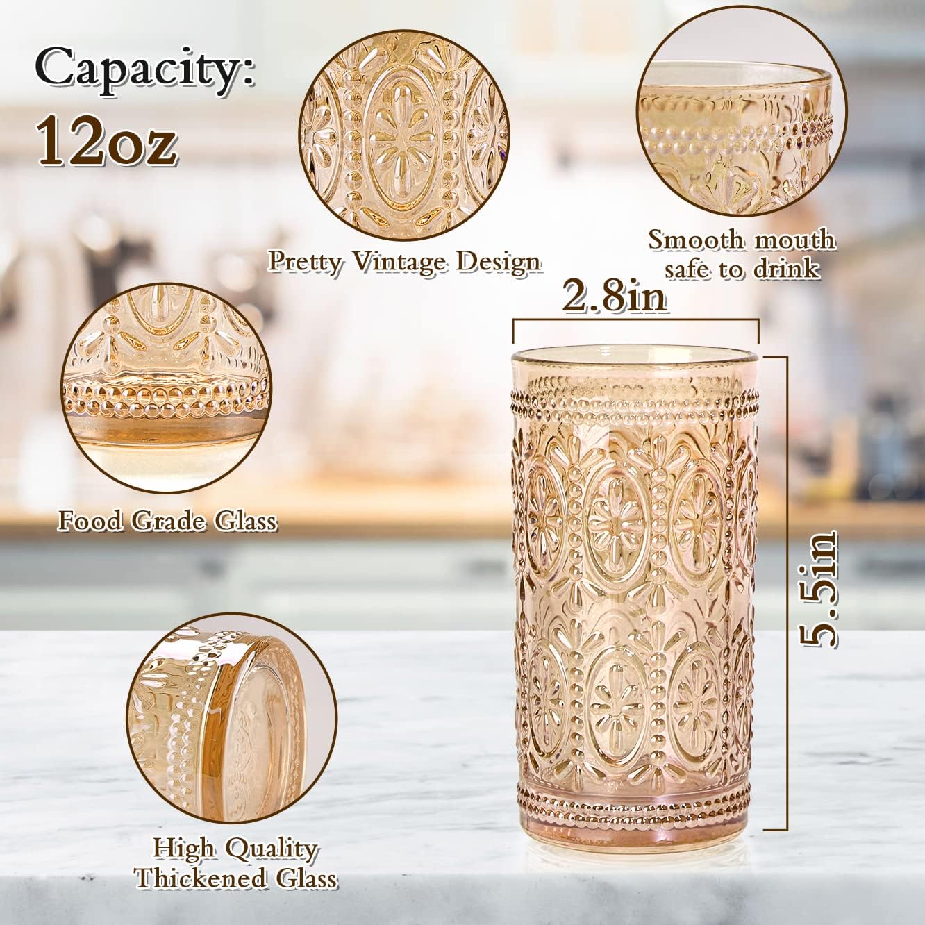 Amber Glassware Set of 4 – 12oz Vintage Highball/Old Fashioned Glasses, Heavy-Duty Cups for Party, Wedding, Home & Office - Image 3