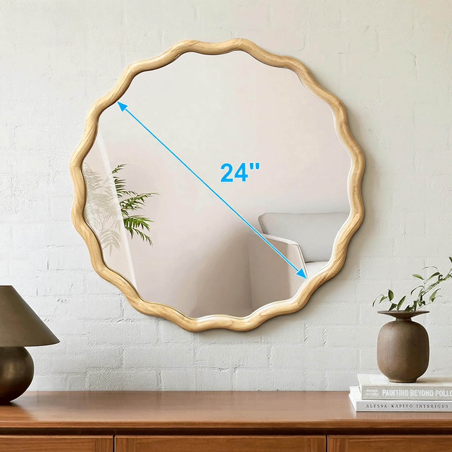 24″ Round Wavy Wooden Wall Mirror, Scalloped Frame, Shatterproof Glass, Farmhouse Decor - Image 3