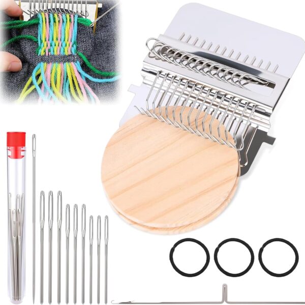 Mini Loom Knitting Kit for Beginners, Portable Patch Darning Loom with 14 Hooks, Sewing & Weaving Tool Set