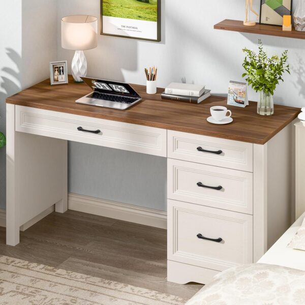Farmhouse Executive Desk, White, Large Rustic Home Office Desk with Storage & File Drawer