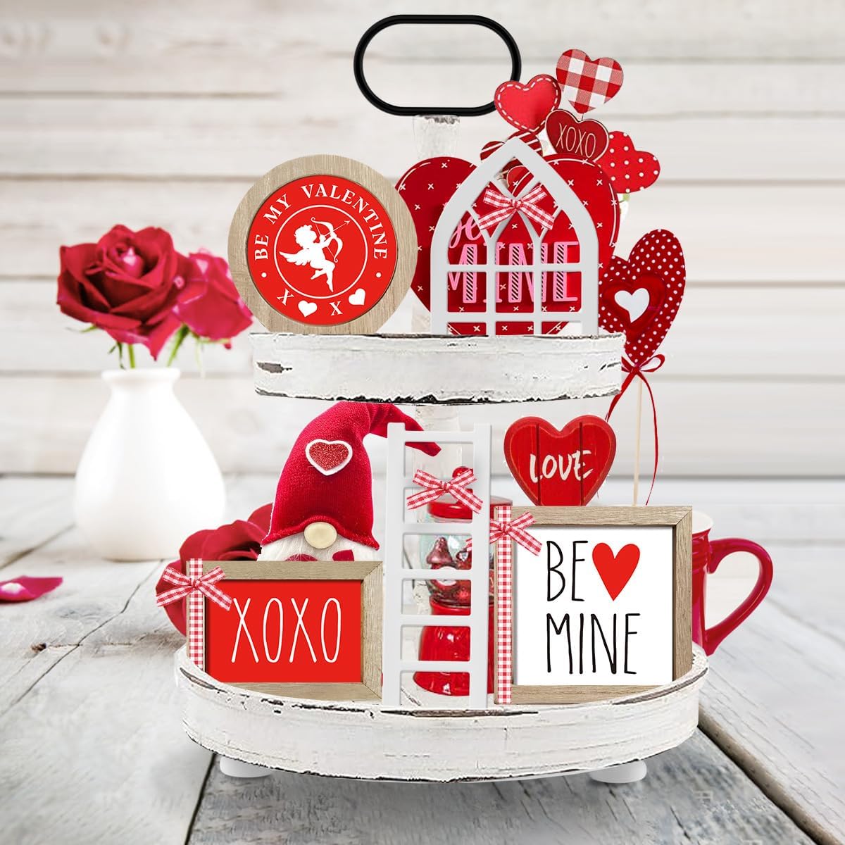 Valentine’s Day Tiered Tray Decor Set, Interchangeable Wooden Frames, Mini Arch & Ladder, Seasonal Home Decoration (No Tray) - Image 2