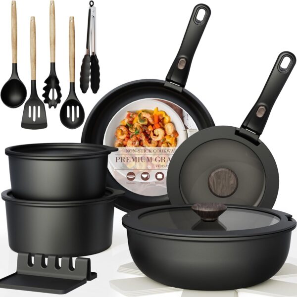 21-Piece Nonstick Ceramic RV Cookware Set, Detachable Handles, Oven Safe, Induction Ready, Stackable, Black