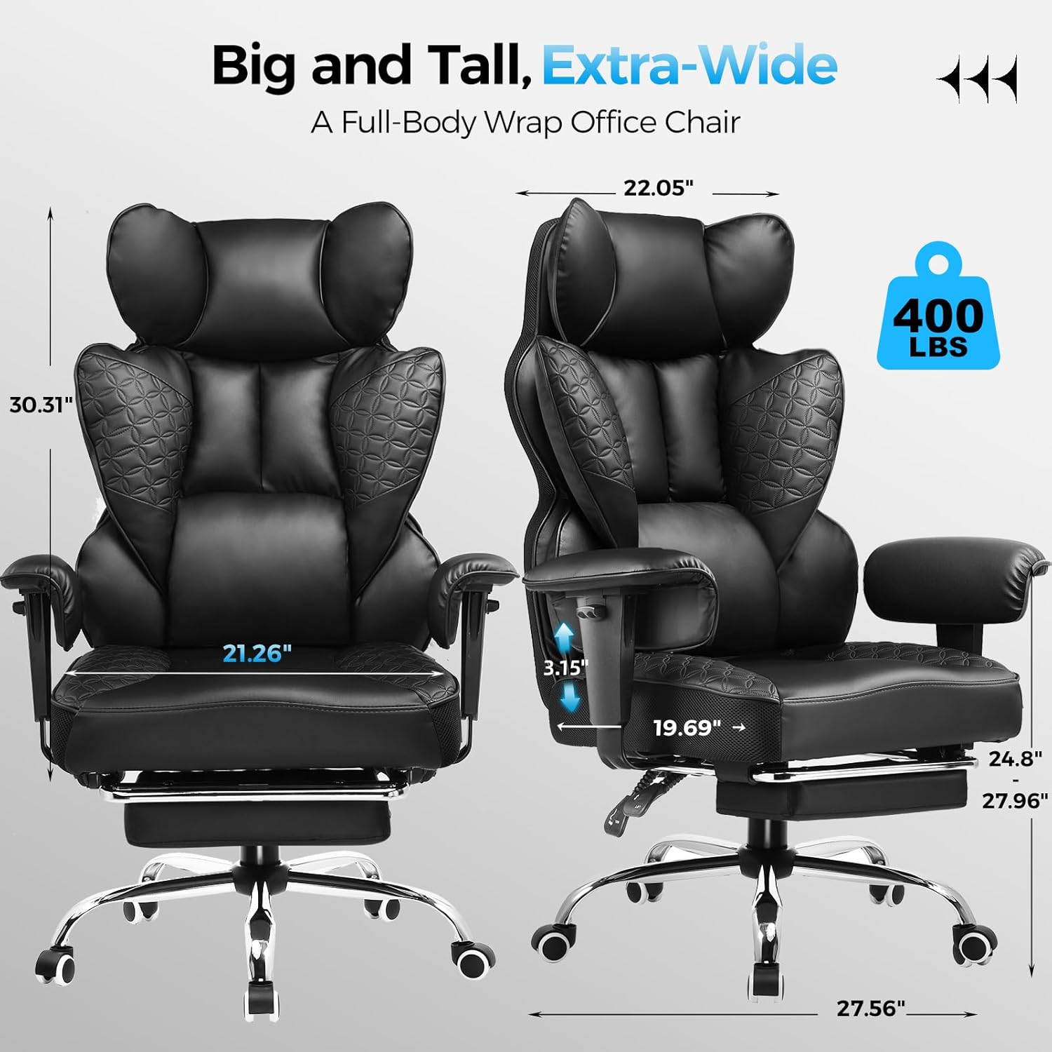 Matte Black Big & Tall Gaming Chair, 400lbs, High Back, Ergonomic Lumbar, Footrest - Image 3