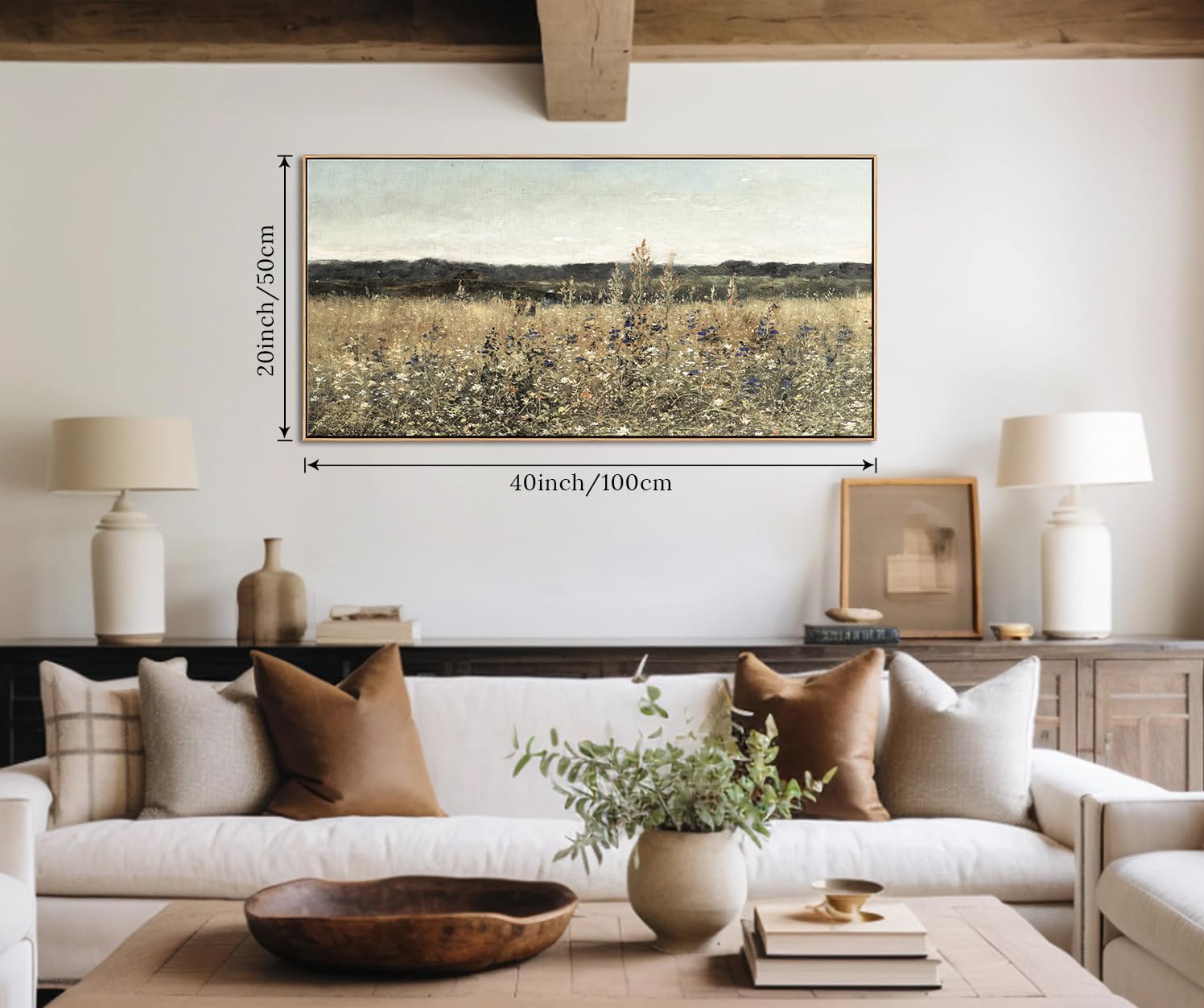 Framed Wildflower Field Canvas Wall Art, Farmhouse Cottagecore Floral Landscape, 20×40″ - Image 3