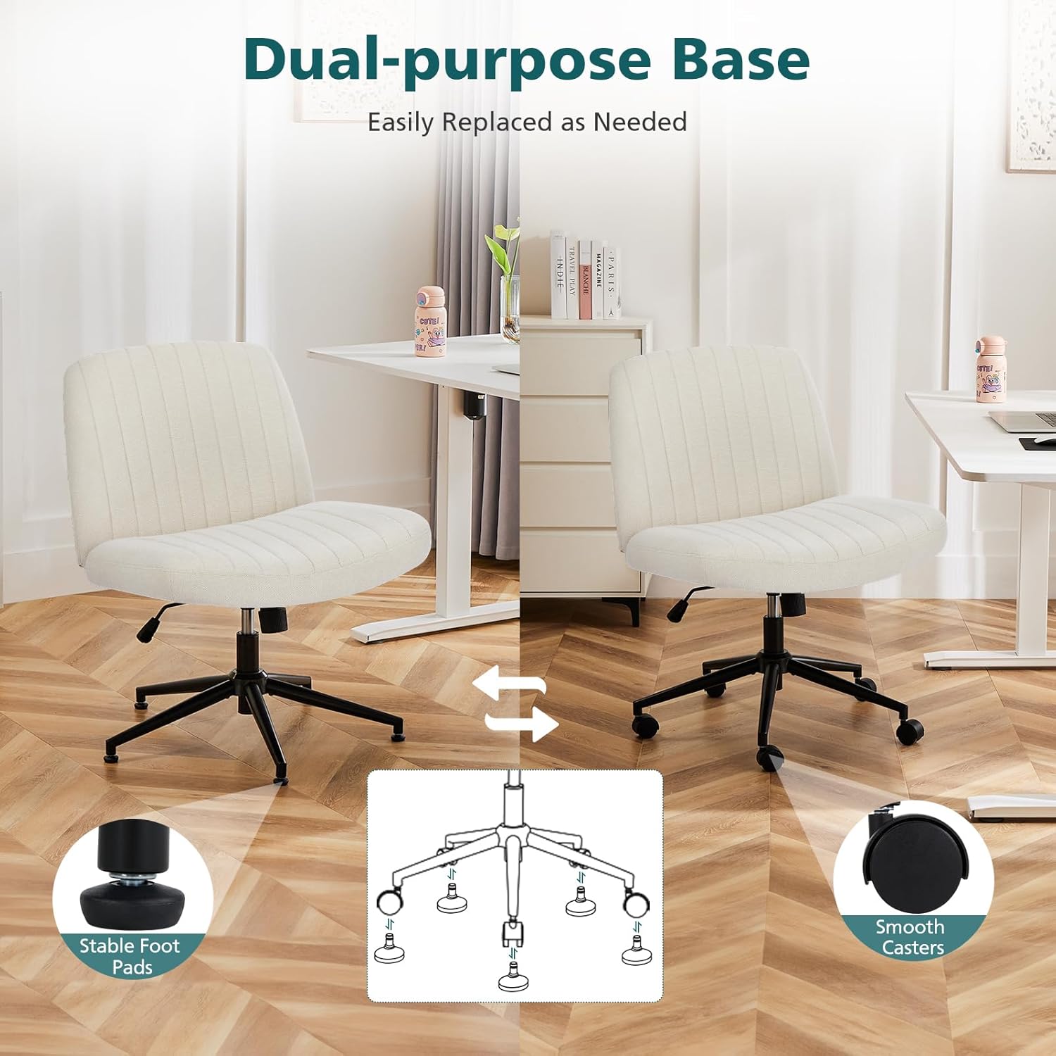 Beige Fabric Criss-Cross Office Chair, Armless, Adjustable Swivel, Rolling - Image 2