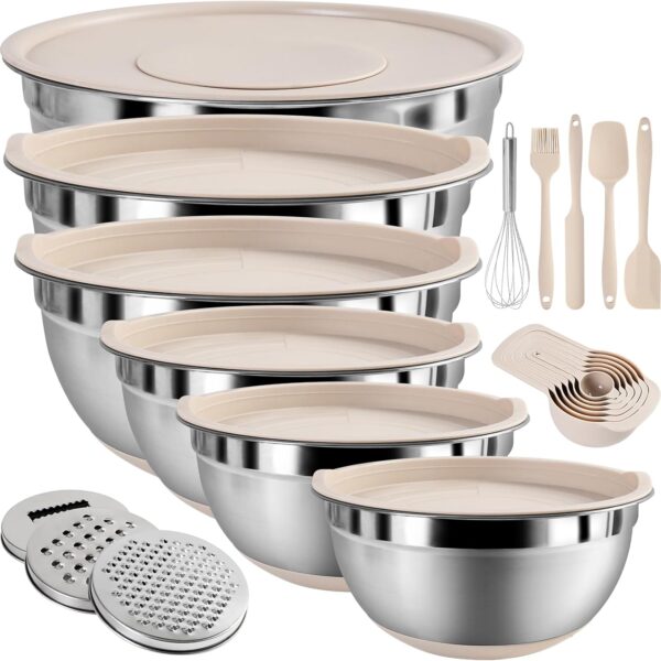 20-Piece Stainless Steel Mixing Bowl Set with Airtight Lids, Graters & Non-Slip Silicone Bases, 6 Sizes (Khaki)
