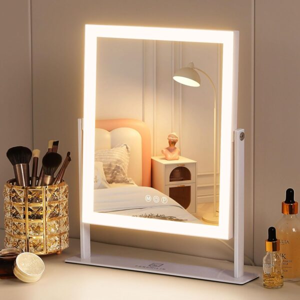 11.8×9.8″ LED Lighted Vanity Makeup Mirror, 3-Color Dimmable, 360° Rotation, 10X Magnification, White