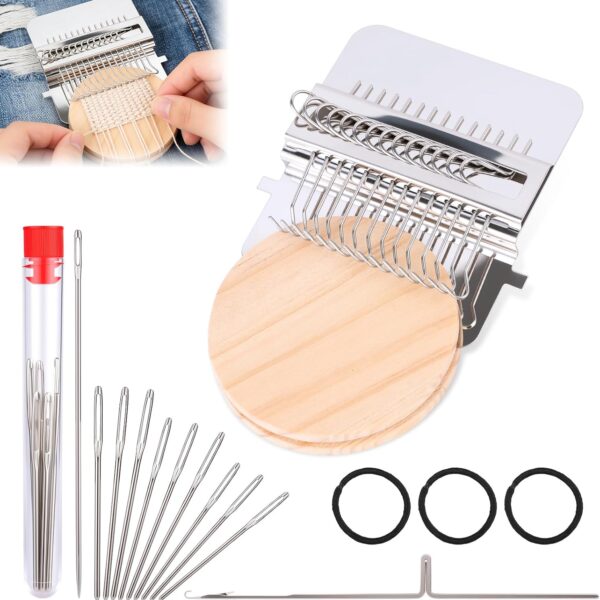 Mini Portable Patch Darning Loom Kit, 14 Hooks, Sewing & Weaving Tool Set for Beginners
