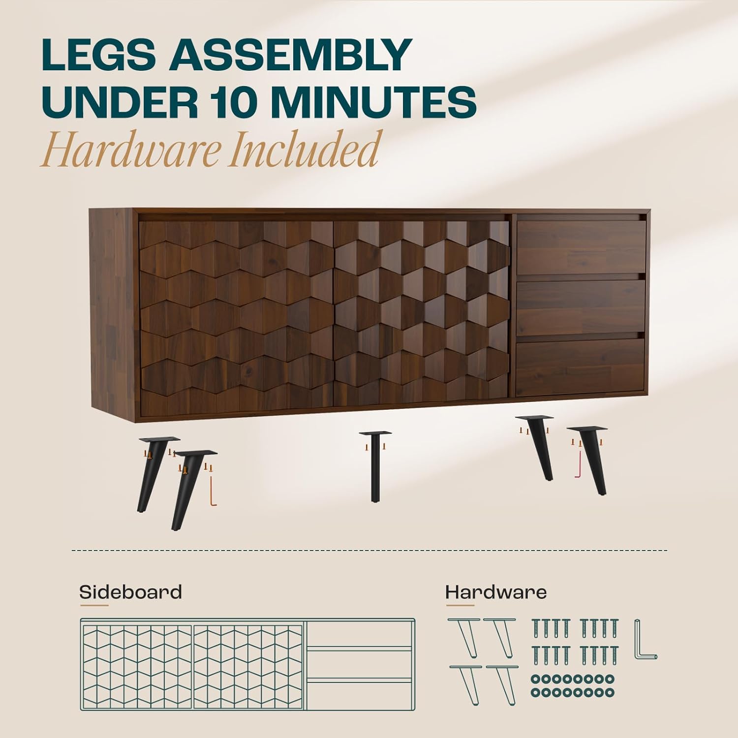 61″ Solid Wood Sideboard Cabinet, 2 Doors & 3 Drawers, Mid-Century Modern - Image 3