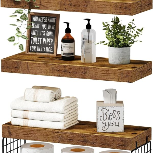Over-Toilet Wall Shelves, 3-Piece Floating, 16″, Rustic Brown