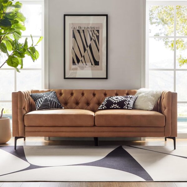 84″ Faux Leather Sofa, Button-Tufted 3-Seater, Mid-Century Modern, Camel