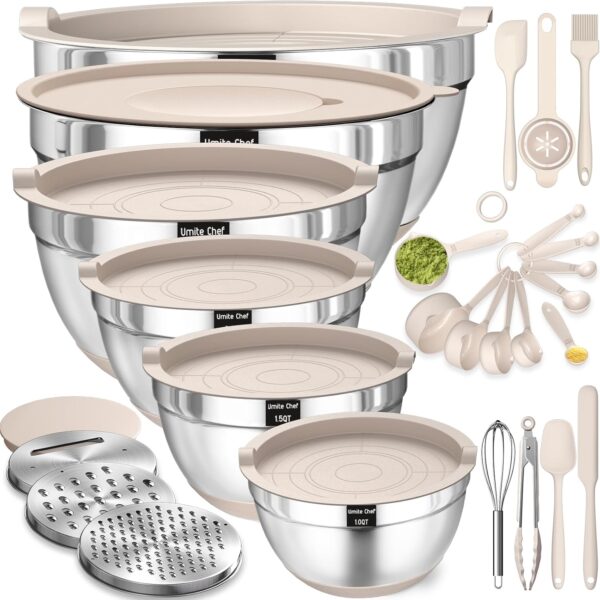 26-Piece Stainless Steel Mixing Bowl Set with Airtight Lids, Non-Slip Bottoms & Grater Attachments, Sizes 1.5–7 QT, Khaki, Kitchen Mixing & Serving Set