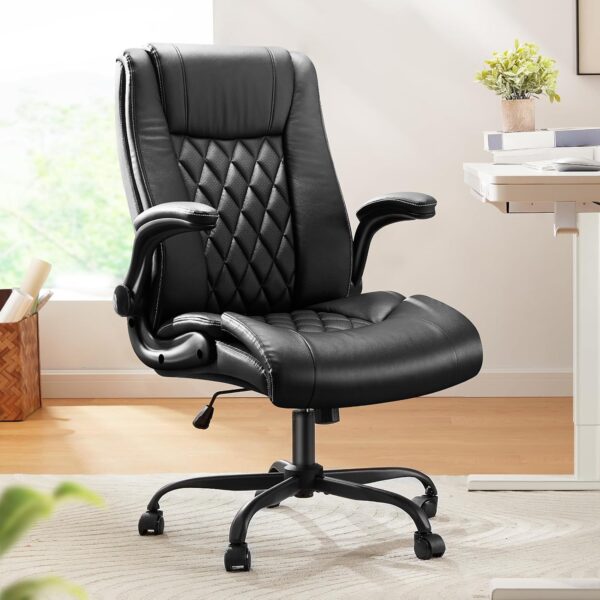 Black Executive PU Leather Office Chair, Ergonomic, Height-Adjustable, Swivel, Flip-Up Armrests