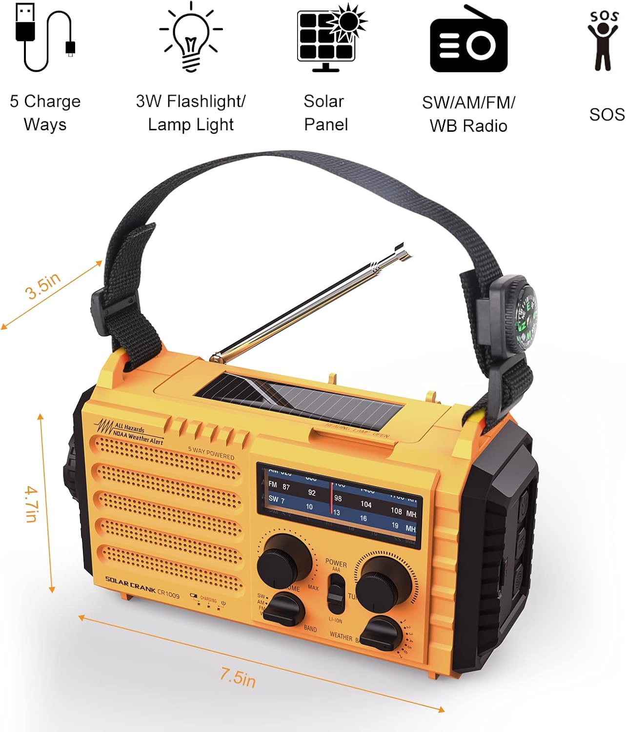 Emergency Weather Radio, Solar & Hand Crank, 5000mAh, AM/FM/SW/NOAA Alerts, Flashlight & Charger - Image 2