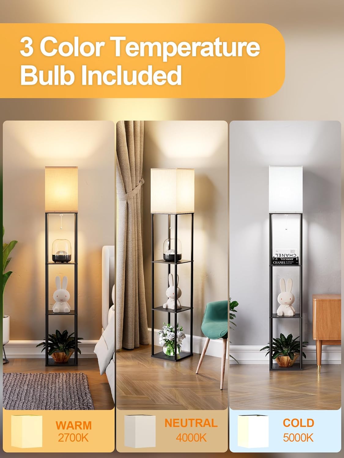 Shelf Floor Lamp with Shelves, White Linen Shade - Image 4