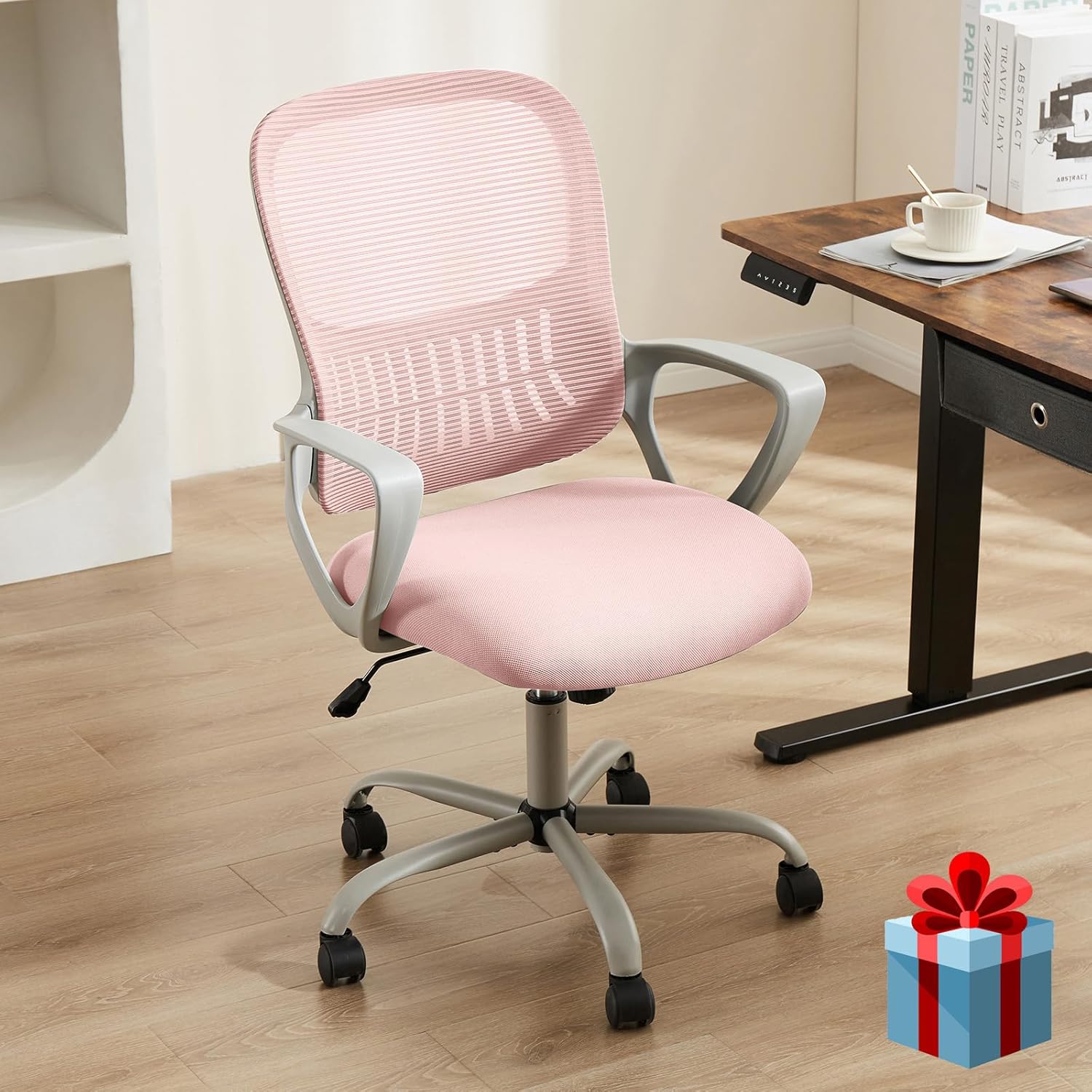Pink Ergonomic Mid-Back Office Chair, Mesh, Lumbar Support, 360° Swivel, Flip-Up Armrests