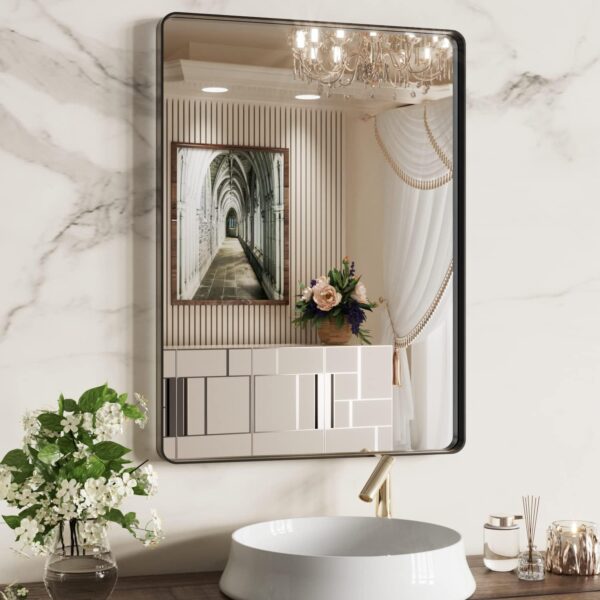 22×30″ Black Rounded Rectangle Bathroom Mirror, Metal Frame, Tempered Glass, Wall-Mountable