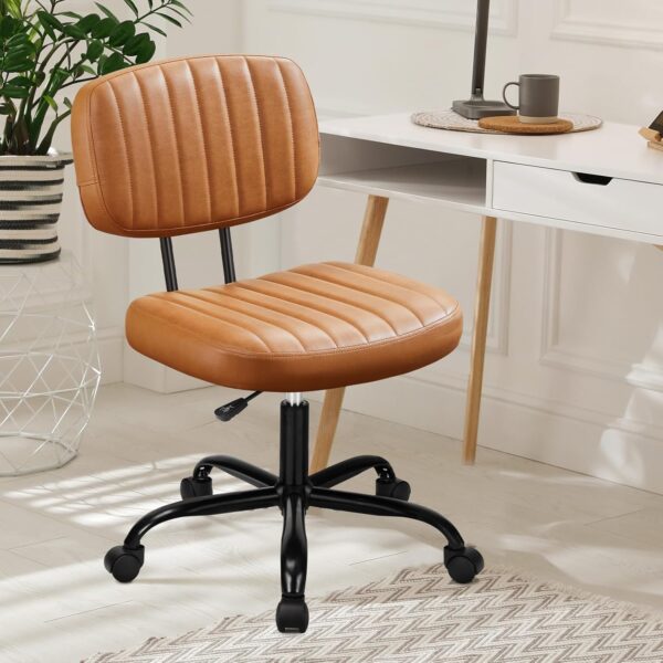 Brown Armless Office Chair, Small Ergonomic Low-Back, PU Leather, Height Adjustable, 360° Swivel