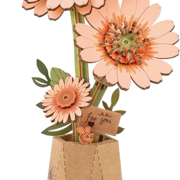 3D Wooden Flower Puzzle Kit, DIY Orange Gerbera Daisy, Adult Craft Gift