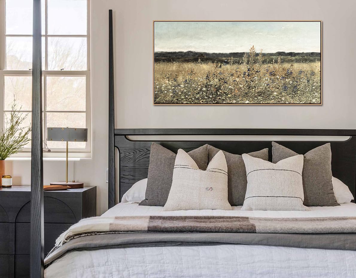 Framed Wildflower Field Canvas Wall Art, Farmhouse Cottagecore Floral Landscape, 20×40″ - Image 2