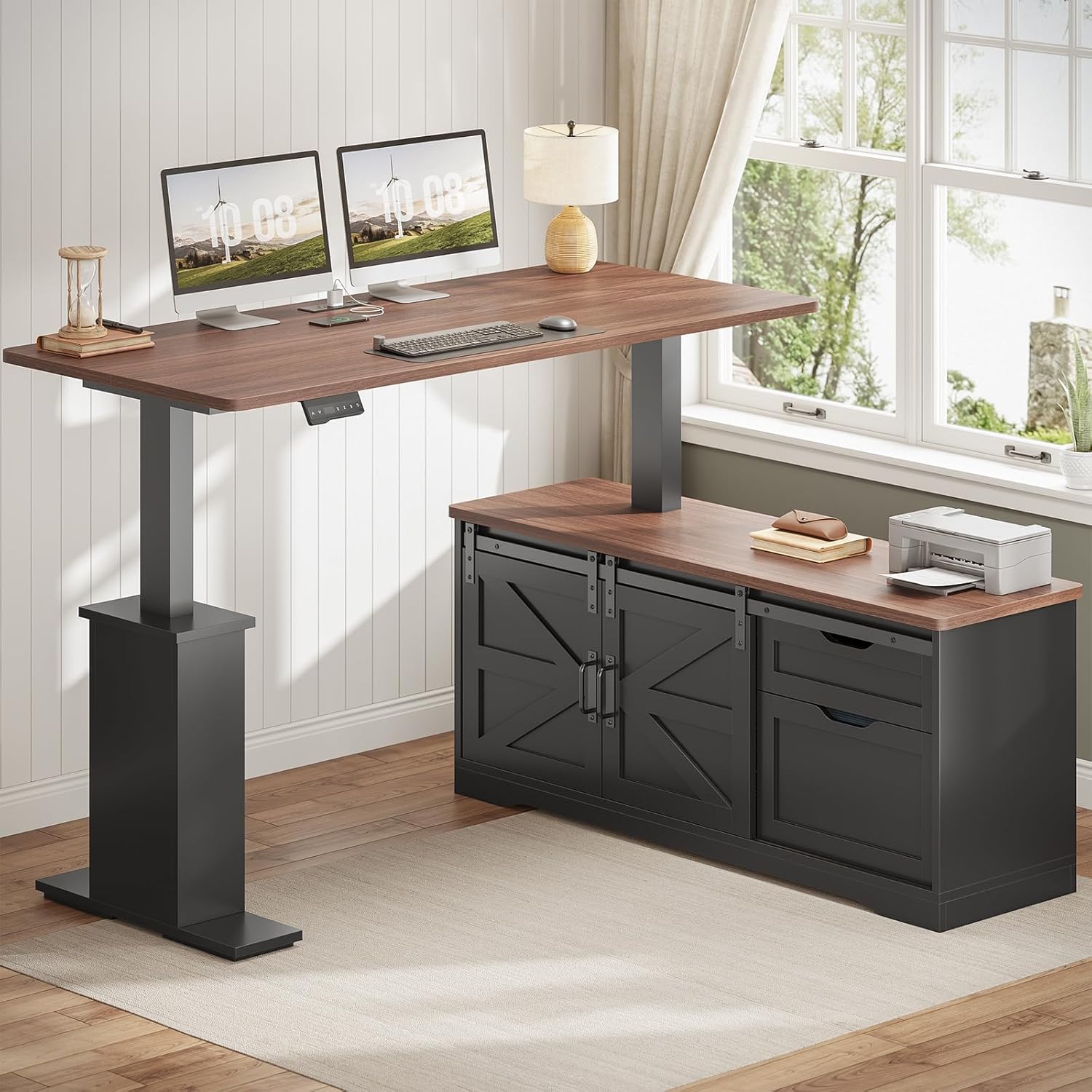 55″ Farmhouse L-Shaped Standing Desk, Height-Adjustable, Black, Storage Drawers & Power Outlets - Image 3