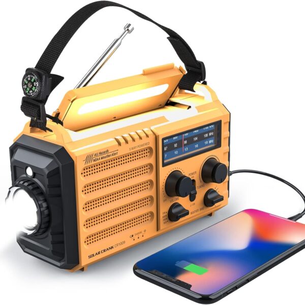 Emergency Weather Radio, Solar & Hand Crank, 5000mAh, AM/FM/SW/NOAA Alerts, Flashlight & Charger