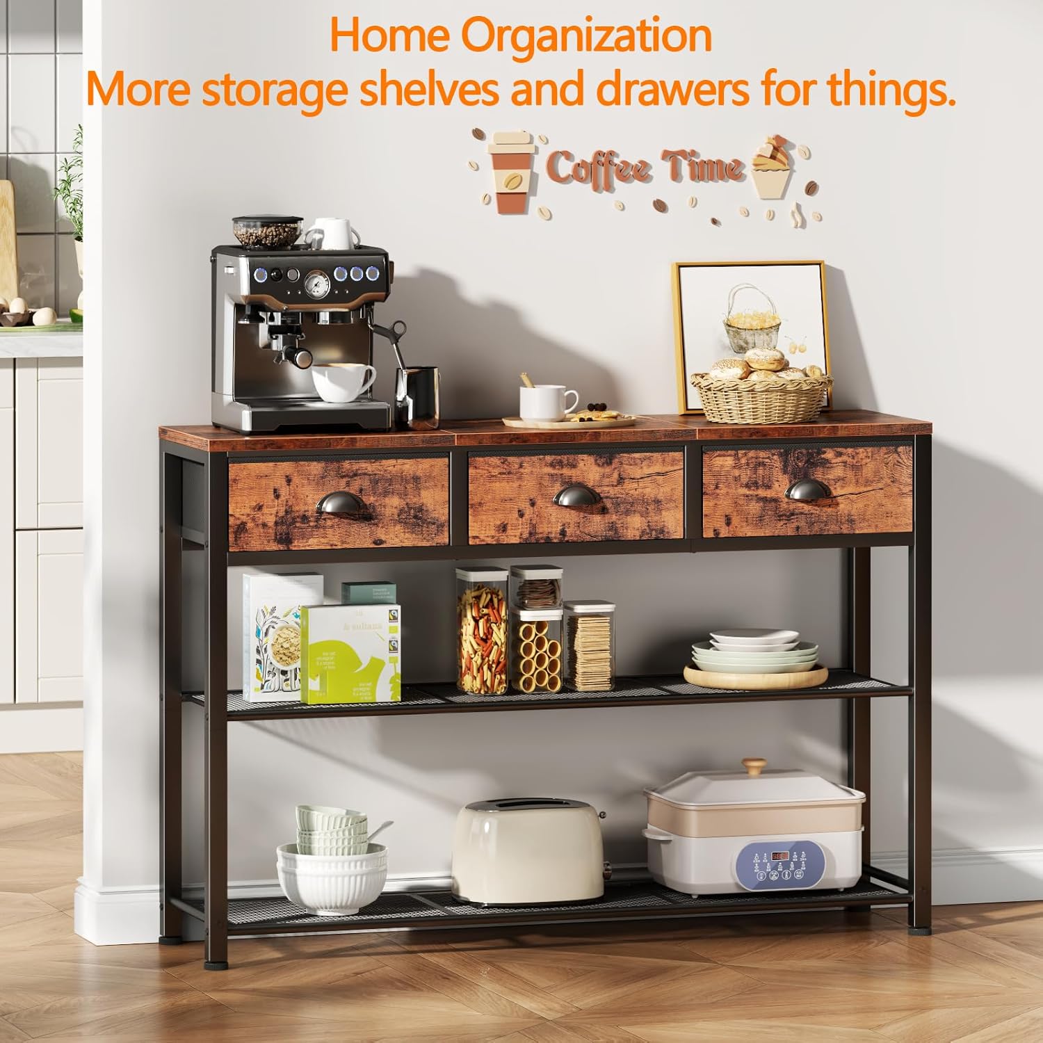38″ Entryway Console Table with 3 Fabric Drawers, Industrial Rustic Brown - Image 2