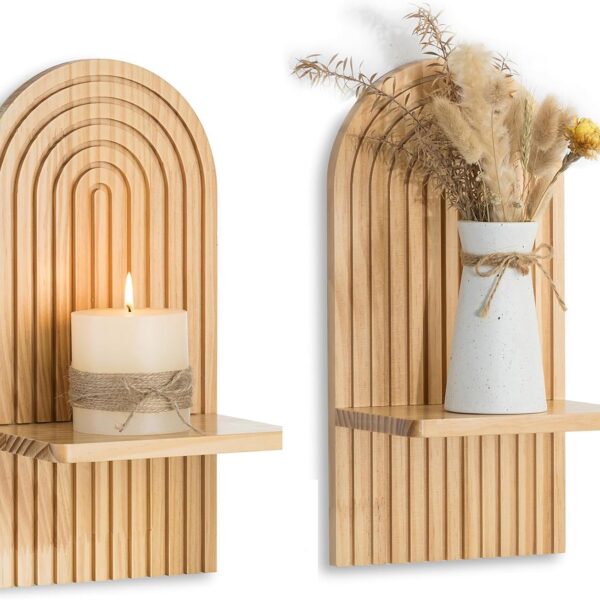 Set of 2 Boho Wall Candle Holders, Natural Wood, Minimalist Mid-Century Decor