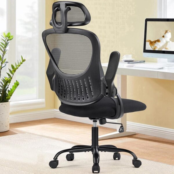 Ergonomic High-Back Mesh Office Chair, Black, Lumbar Support, Adjustable Headrest, Flip-Up Arms, Rolling