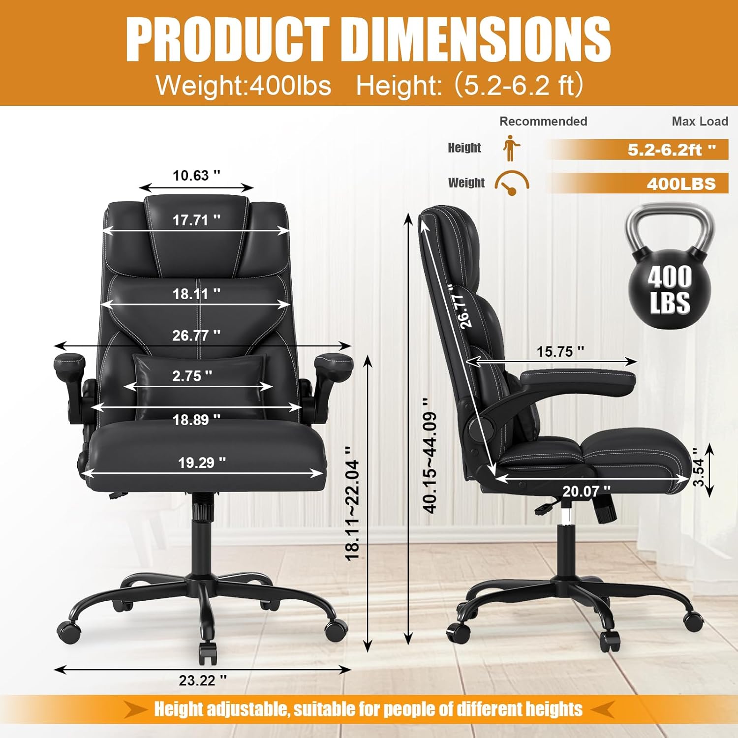 Executive Leather Office Chair, Mid-High Back, Ergonomic Lumbar, Flip-Up Armrests, 400lbs, Swivel & Rocking - Image 4
