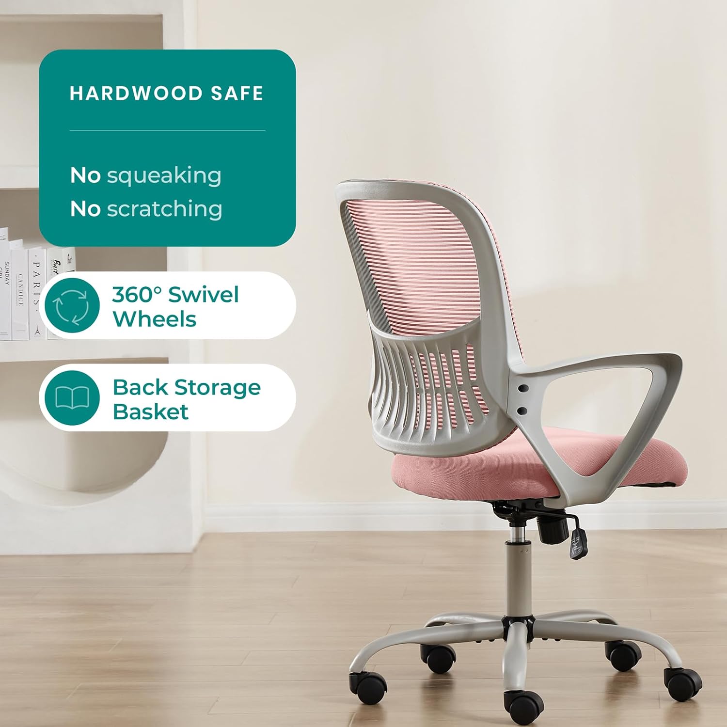 Pink Ergonomic Mid-Back Office Chair, Mesh, Lumbar Support, 360° Swivel, Flip-Up Armrests - Image 2