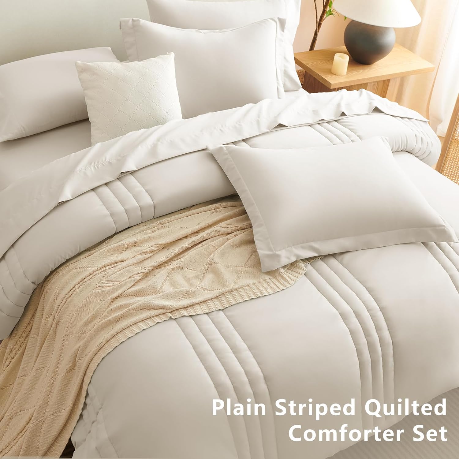 7-Piece Queen Comforter Set, Beige, All-Season Luxury Bedding with Down-Alternative Comforter, Sheets, Pillowcases & Shams - Image 3