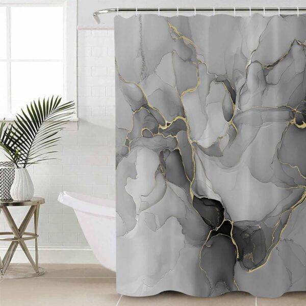 4-Piece Grey Marble Bathroom Set, Waterproof Shower Curtain with Hooks, Non-Slip Bath Rugs & Toilet Lid Cover, 66×72″