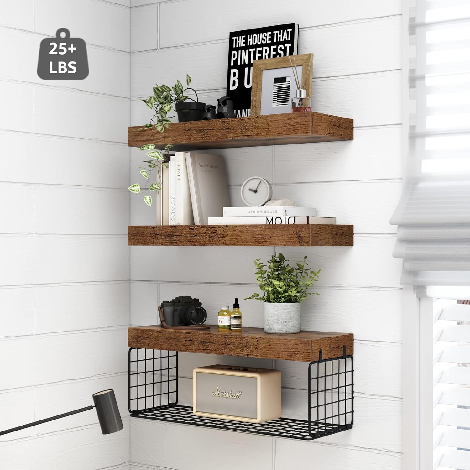 Over-Toilet Wall Shelves, 3-Piece Floating, 16″, Rustic Brown - Image 2