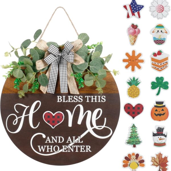 Interchangeable Seasonal Welcome Front Door Sign, Rustic Round Wooden Wreath, Farmhouse Outdoor Wall Decor for All Holidays