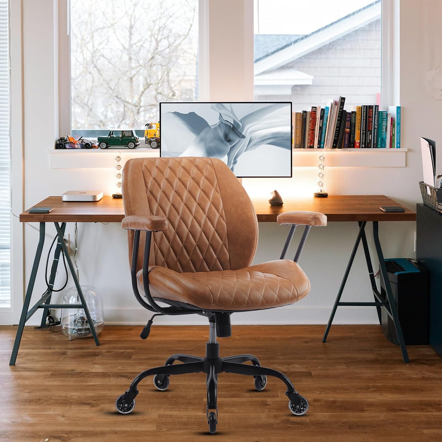 Brown Leather Ergonomic Office Chair, Adjustable Height, Lumbar Support, Swivel & Rolling Casters - Image 2