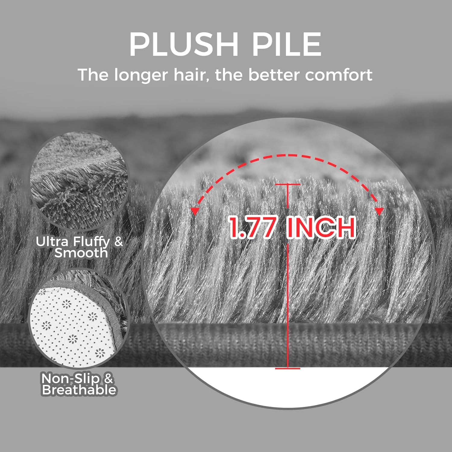 5×8′ Grey Shag Area Rug, Ultra-Soft, Fluffy, Anti-Skid, Bedroom & Living Room - Image 2