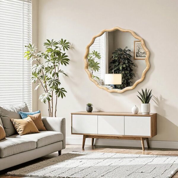 24″ Round Wavy Wooden Wall Mirror, Scalloped Frame, Shatterproof Glass, Farmhouse Decor